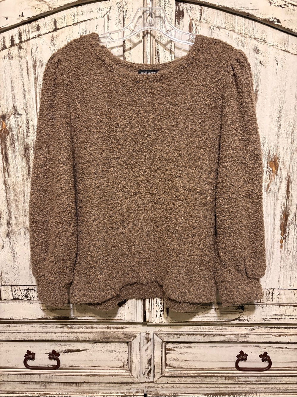 Dear John Brown Taupe Bouclé Knit Sweater Textured Scalloped Hem Size L